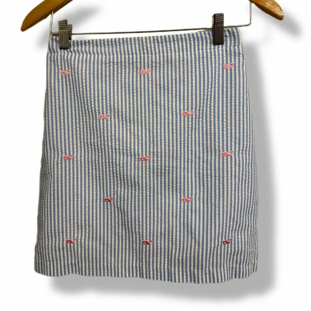 Vineyard Vines Girls Seersucker Pink Whale Skirt Blue White Striped Size 14 - Picture 1 of 5